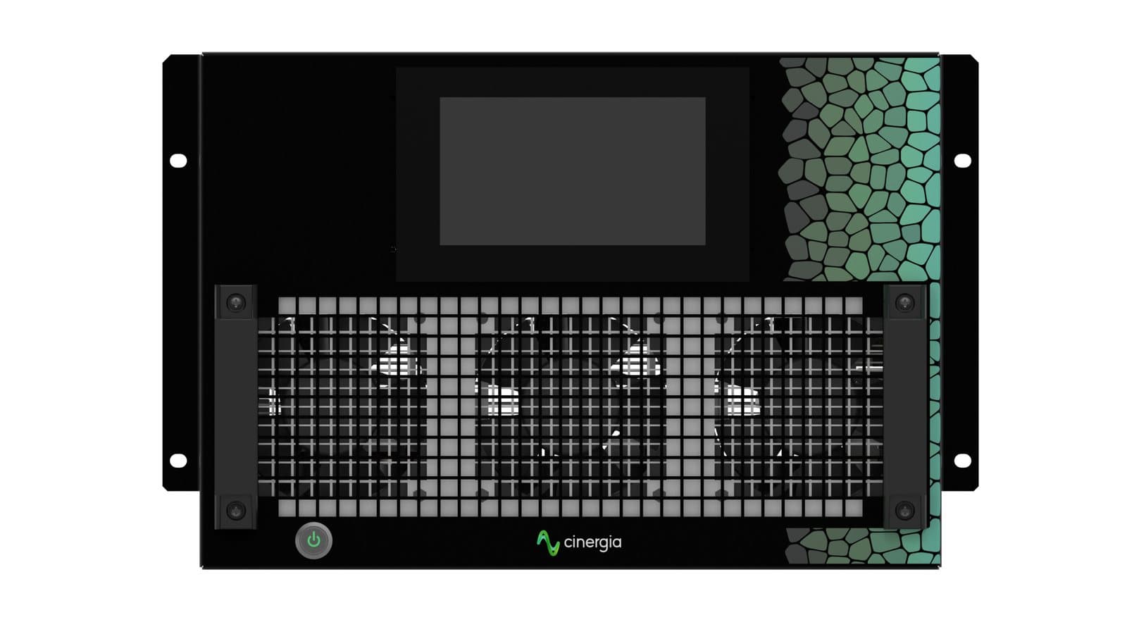 Cinergia SiC-RS rack unit, front elevation, showing the touchscreen and rack ears