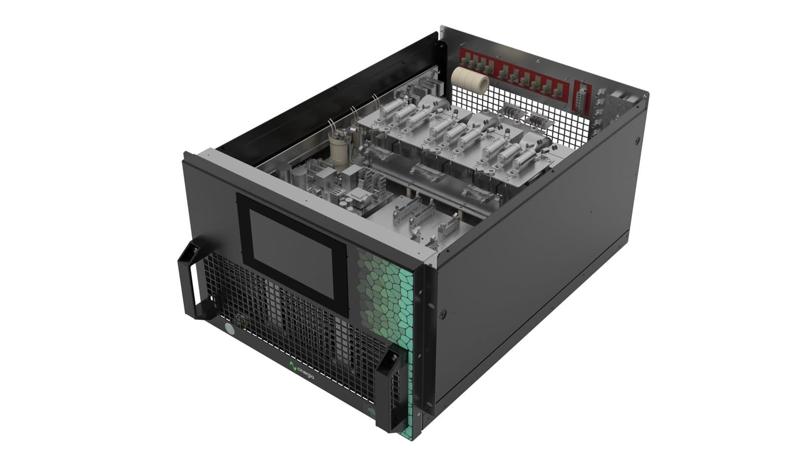 Cinergia SiC-RS rack unit with the lid removed, showing the silicon-carbide power stage