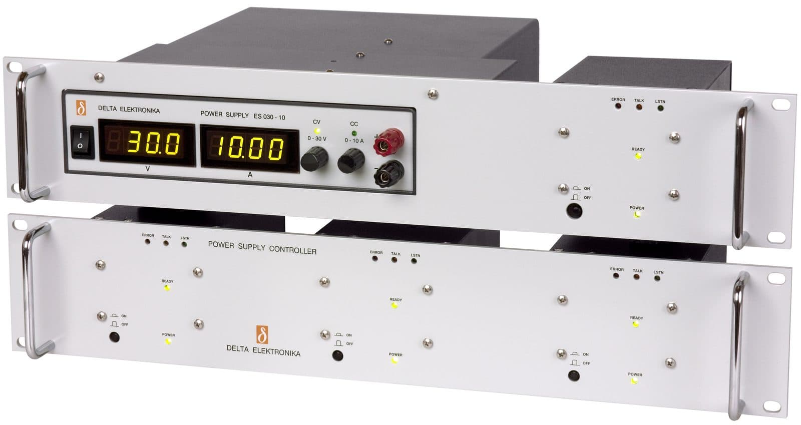 Delta Elektronika ES 030-10 rack-mounted above a Delta power supply controller