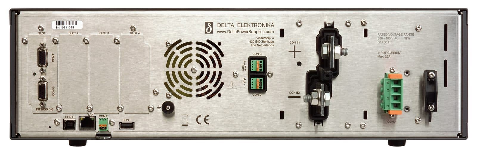 Rear panel of a Delta Elektronika SM15K-series power supply