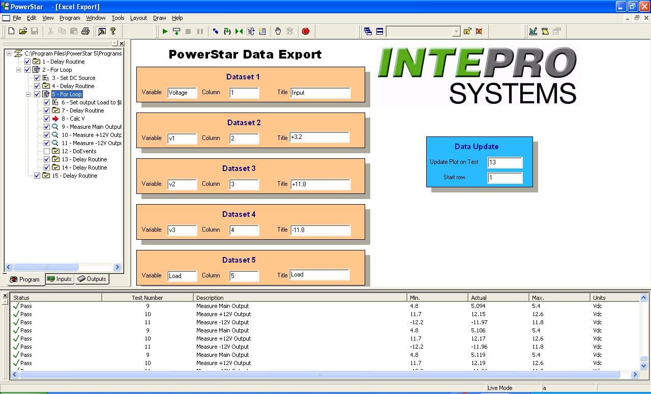 PowerStar data-export dialog with per-driver output fields