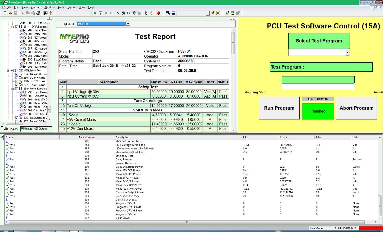 PowerStar operator control panel with test program selection, run and abort, beside a completed test report