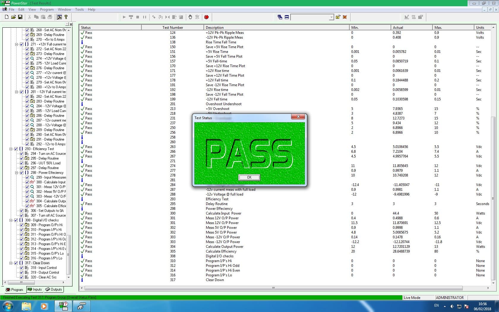 PowerStar operator screen showing a green PASS result after a completed sequence