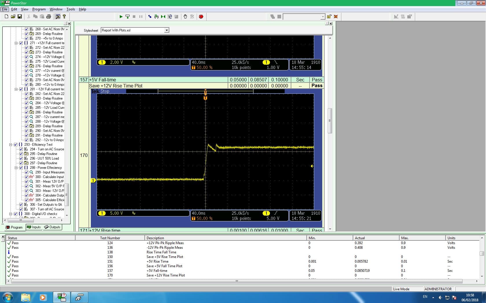 PowerStar oscilloscope capture step with the acquired waveform and limit lines