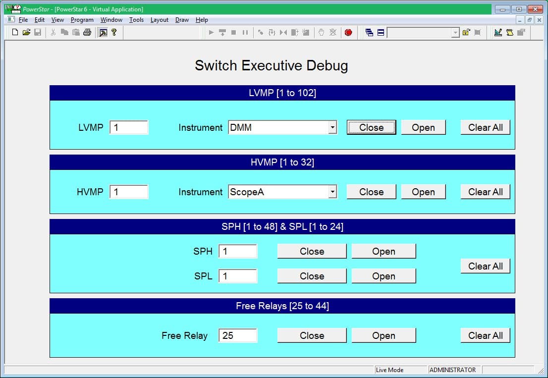 PowerStar switch executive debug screen, routing low- and high-voltage measurement points to a DMM and a scope
