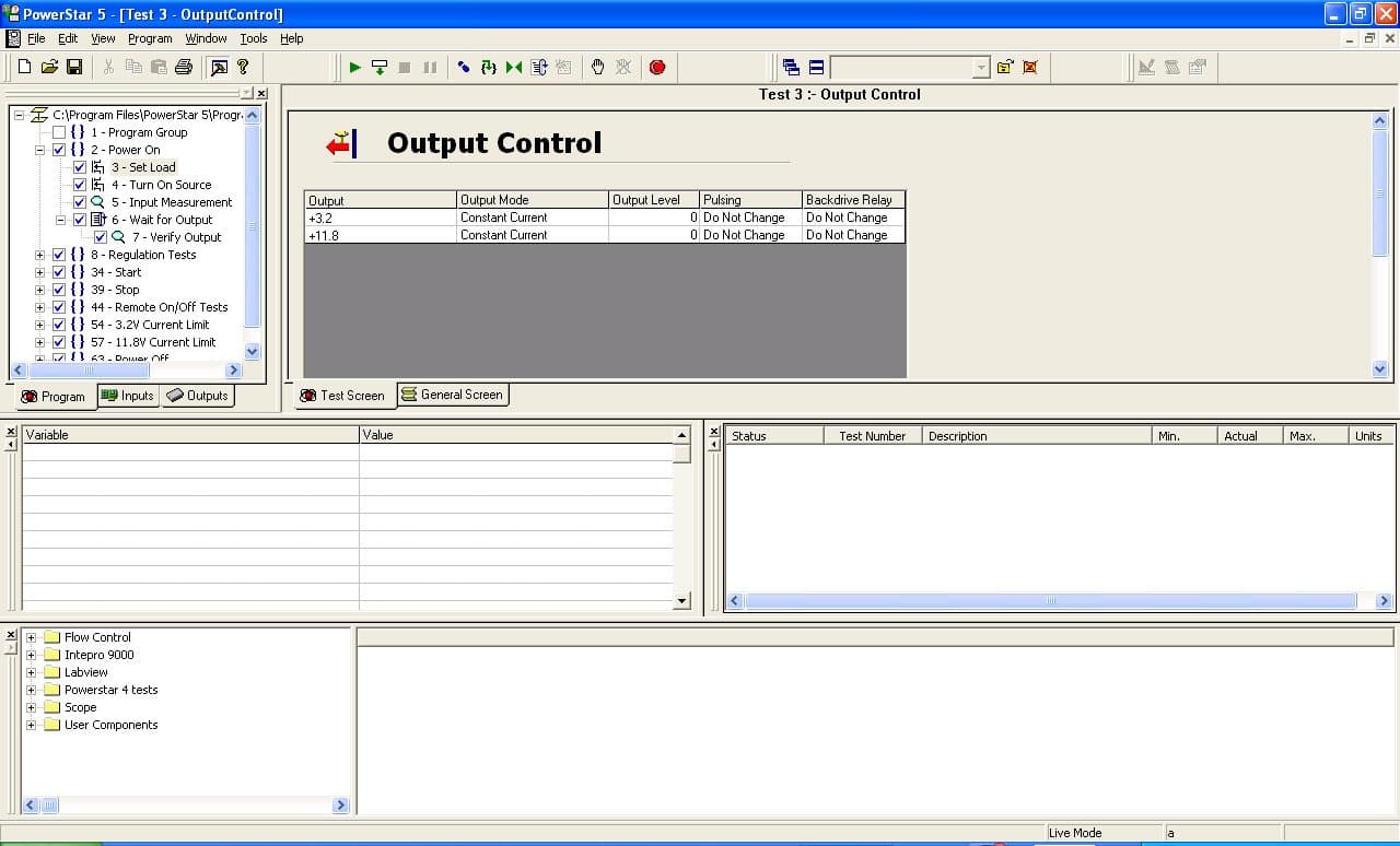 PowerStar test editor: the sequence tree on the left, step parameters and limits on the right